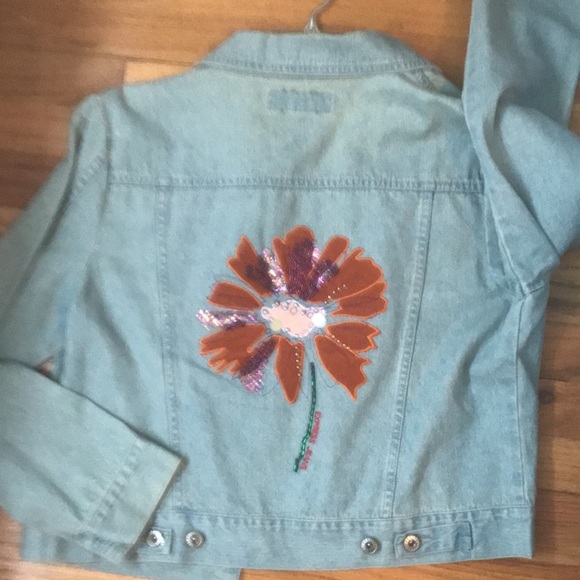 Vintage Express  jeans jacket floral on back used - Picture 1 of 10